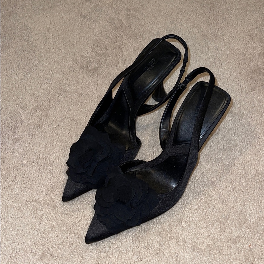 Zara Black Slingback Heels with Floral Detail